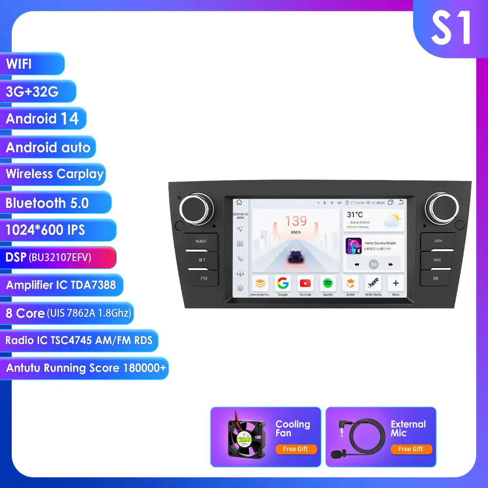BMW E90/E91/E92/E93 3 Series 2006-2012 7" Android 14 Carplay Android auto wireless wifi bt gps 4g  AUTM70P3