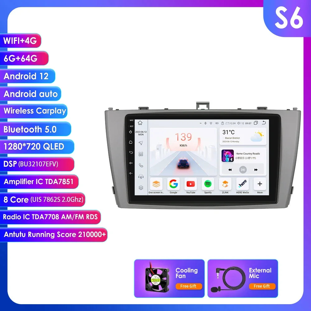 Toyota Avensis T27 2008 - 2015 9" Android 14 Carplay Android auto wireless wifi bt gps 4g  AUTMAVSTY
