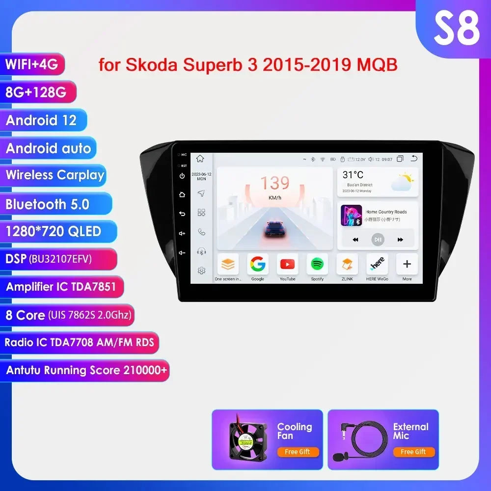 Skoda Superb 3 2015 - 2019 10,1" / 10,33" Android 14 Carplay Android auto wireless wifi bt gps 4g  AUTM1J1R