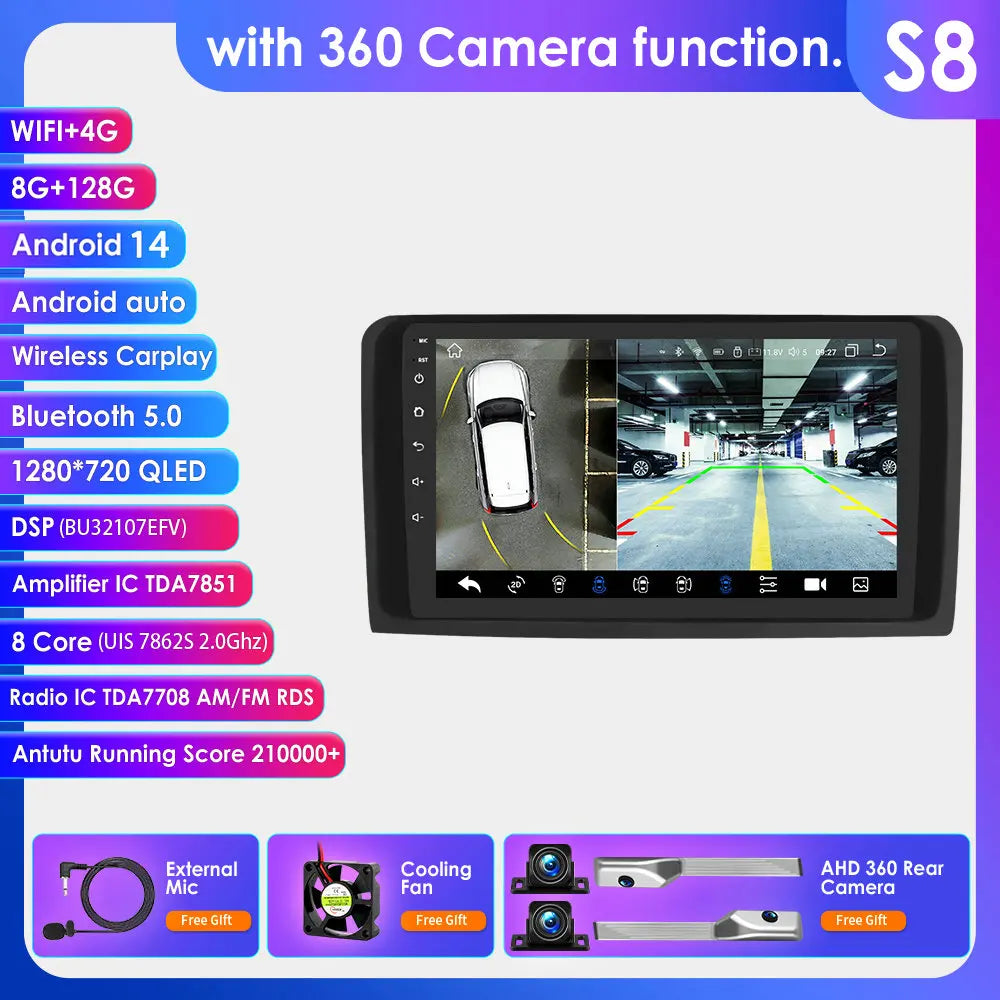 Mercedes ML W164 X164 ML350 ML300 GL500 ML320 ML280 GL350  9" Android 14 Carplay Android auto wireless wifi bt gps 4g AUTMMQVN