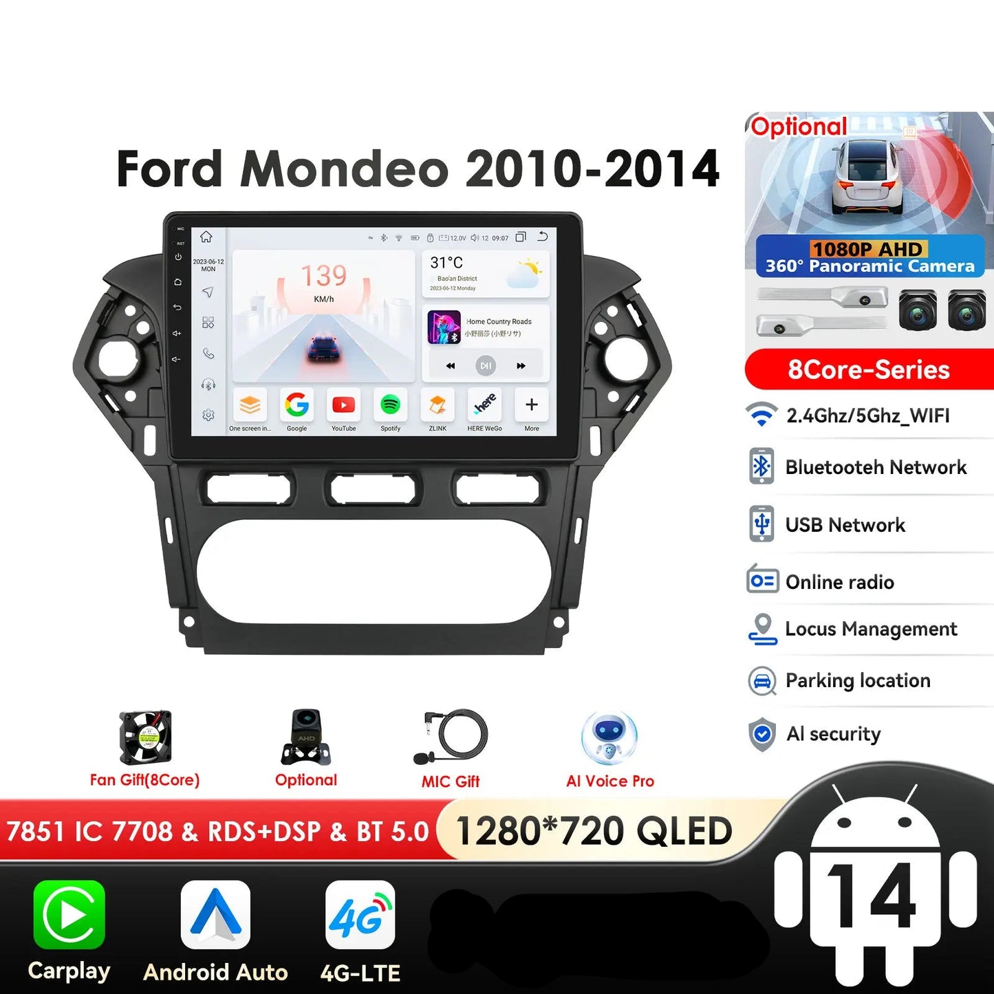Ford Mondeo 2010 - 2014 9" Android 14 Carplay Android auto wireless wifi bt gps 4g  AUTMNXWC
