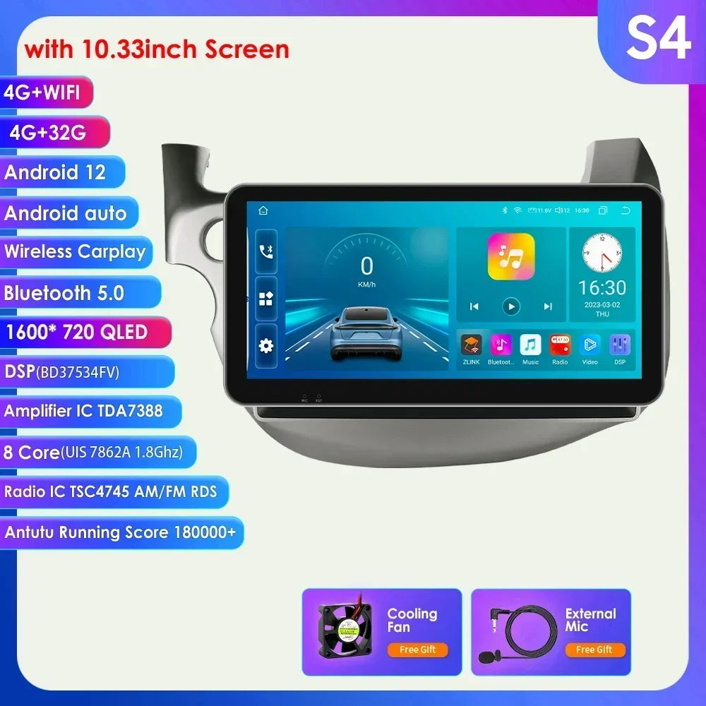 HONDA FIT JAZZ 2007-2013 9" Android 14 Carplay Android auto wireless wifi bt gps 4g  AUTMJZFHD