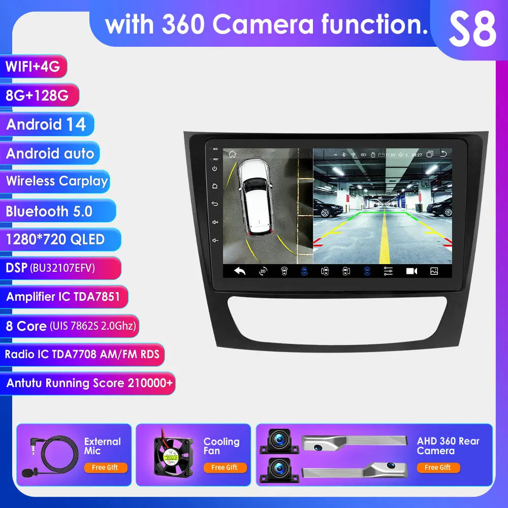 Mercedes Benz E-Class W211 E200 E220 E300 E350 E240 E270 E280 CLS W219 55 C W463 CLK 9" Android 14 Carplay Android auto wireless wifi bt gps 4g AUTMPAP0