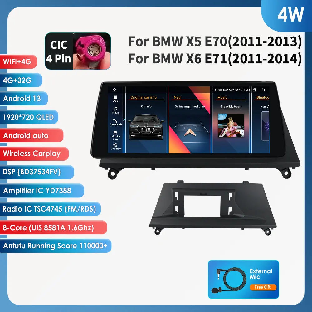 BMW X5 E70 X6 E71 CCC CIC 10,25" Android 14 Carplay Android auto wireless wifi bt gps 4g AUTM9L6U