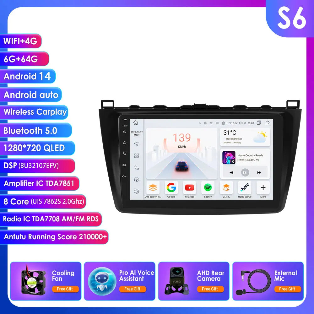 Mazda 6 2007 - 2012 9" Android 14 Carplay Android auto wireless wifi bt gps 4g AUTMJSBD
