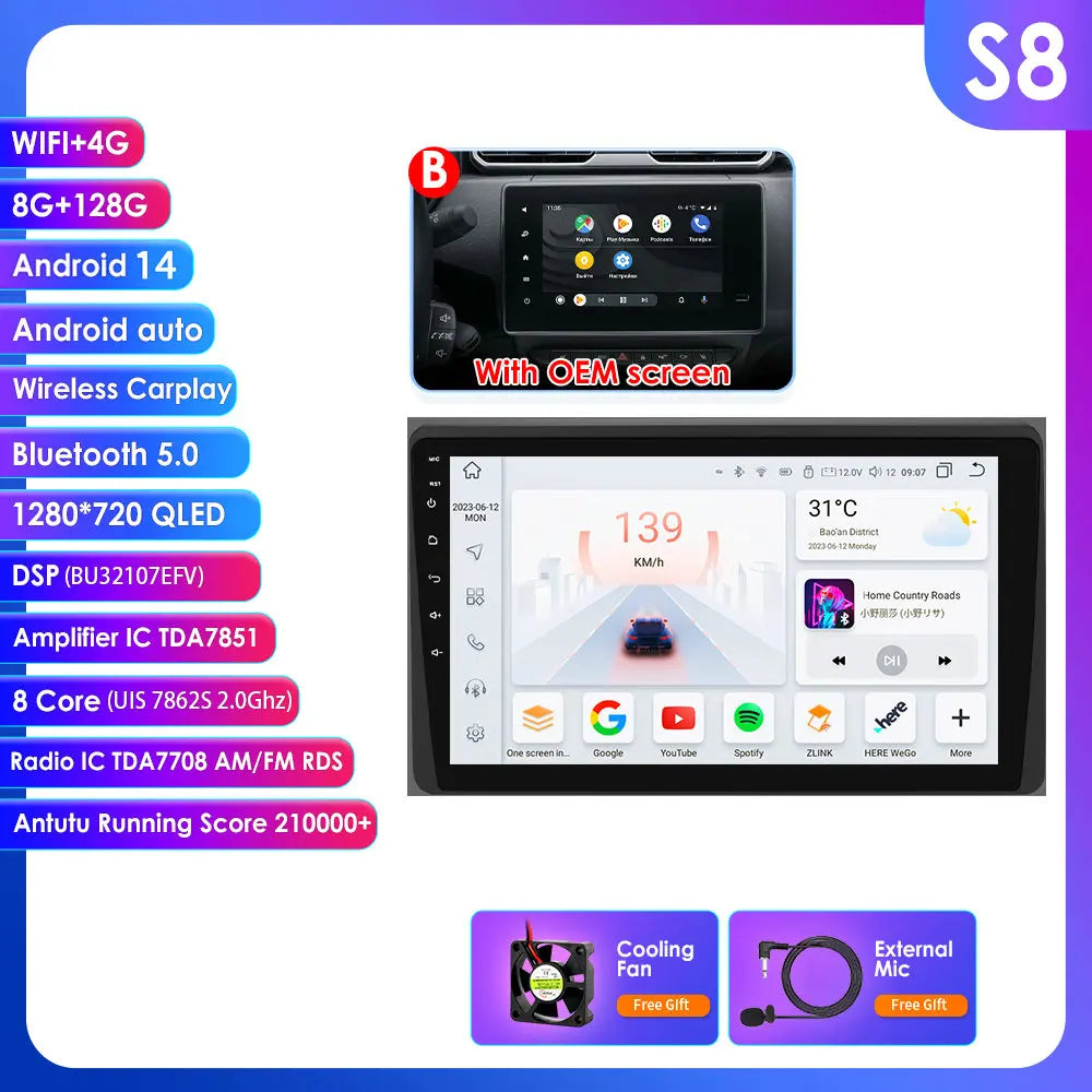 Renault Duster HM 2 Arkana 10,1" / 10,33" Android 14 Carplay Android auto wireless wifi bt gps 4g AUTMLWKH