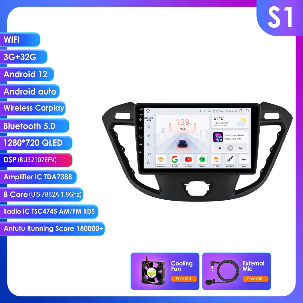 Ford Transit Tourneo Custom 2013-2021 9" Android 14 Carplay Android auto wireless wifi bt gps 4g  AUTMCWA3