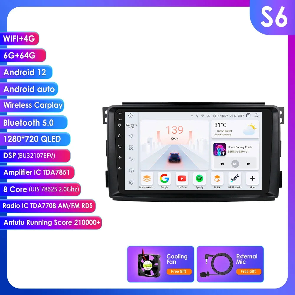 Smart Fortwo 2006-2010 9" Android 14 Carplay Android auto wireless wifi bt gps 4g AUTMB3CC