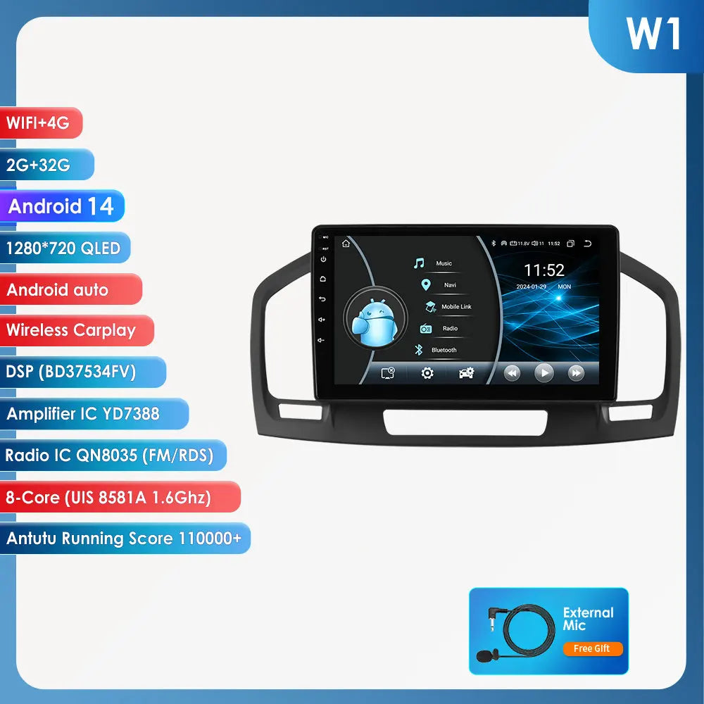 Opel Insignia 2009-2017 9" Android 14 Carplay Android auto wireless wifi bt gps 4g  AUTM9ZD8