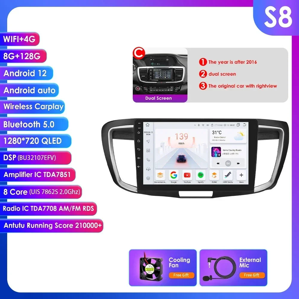 Honda ACCORD 9 2.0L 2.4L 2012  -2018  9"  Android 14 Carplay Android auto wireless wifi bt gps 4g  AUTMA22DH