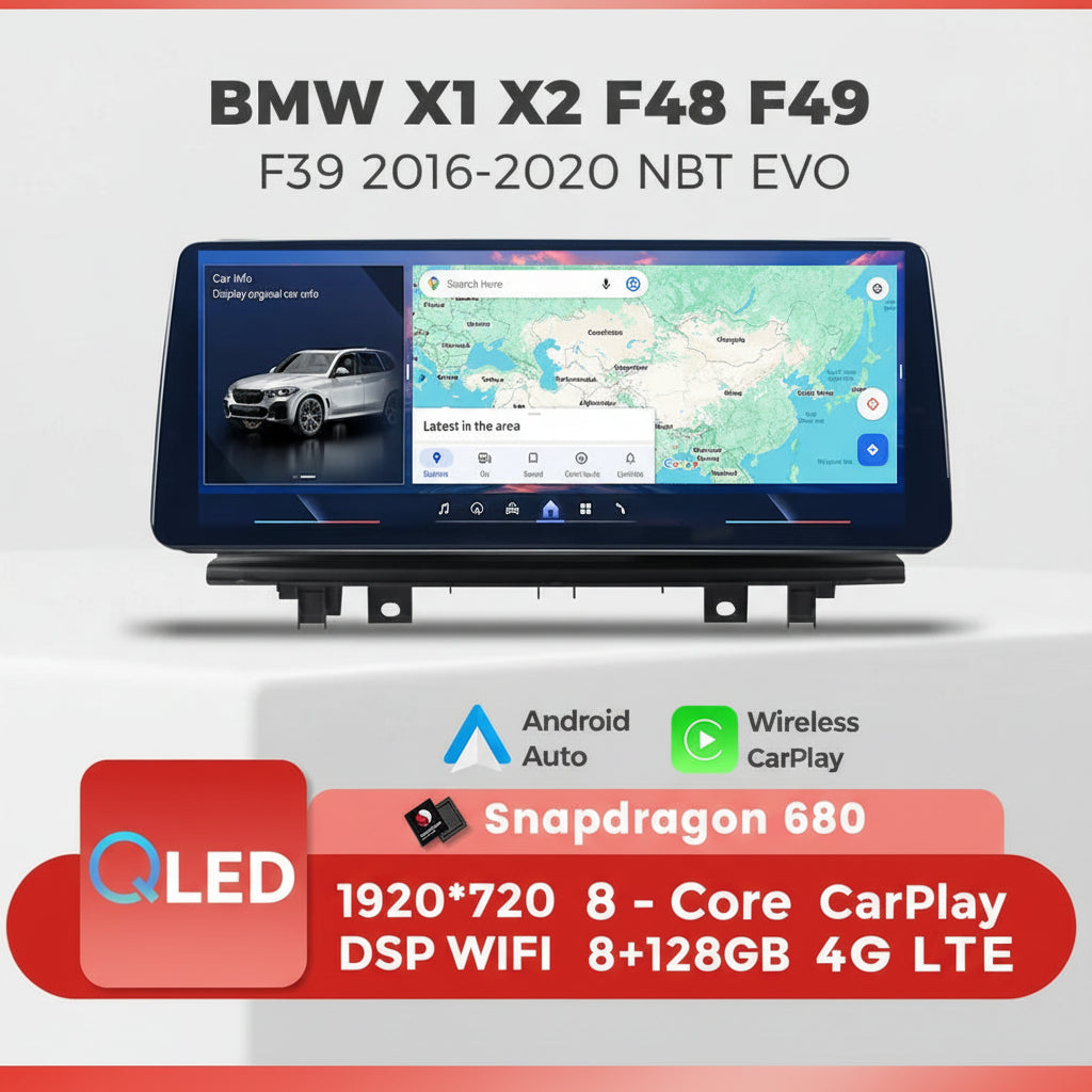 BMW X1 X2 F48 F49 F39 2016-2020 NBT EVO 10,25"  Qualcomm 668/680 Wireless CarPlay Android Auto  Multimedia   HD 1920*720 QLED Dual BT 4G LTE Supporta 360 Camera AHD WIFI  AUTM5B86