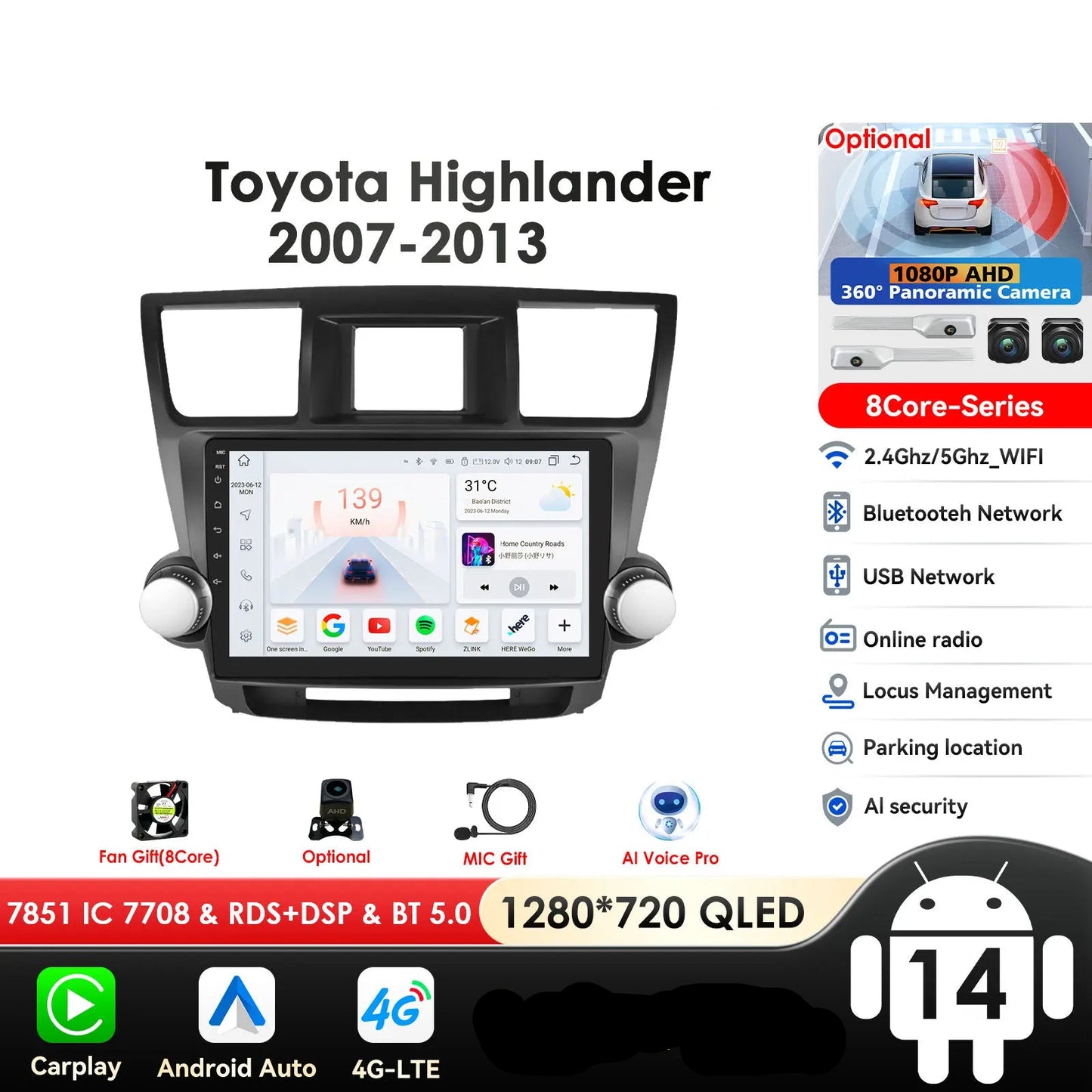 Toyota Highlander Kluger 2 XU40 2007 - 2013  9" Android 14 Carplay Android auto wireless wifi bt gps 4g   AUTMHIGTY