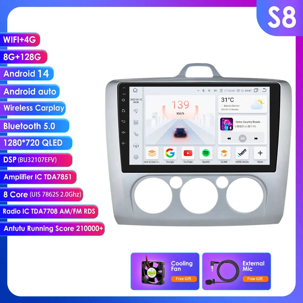 Ford Focus 2 3 Mk2 Mk3 2004-2011 9" Android 14 Carplay Android auto wireless wifi bt gps 4g  AUTMG5XX