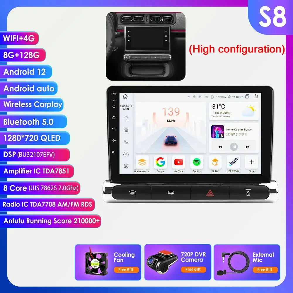 Citroen C3 C4 Aircorss  2017 - 2023 9" ANDROID 12 Carplay Android auto wireless radio RDS WIFI GPS BT USB AUTMCTRC349