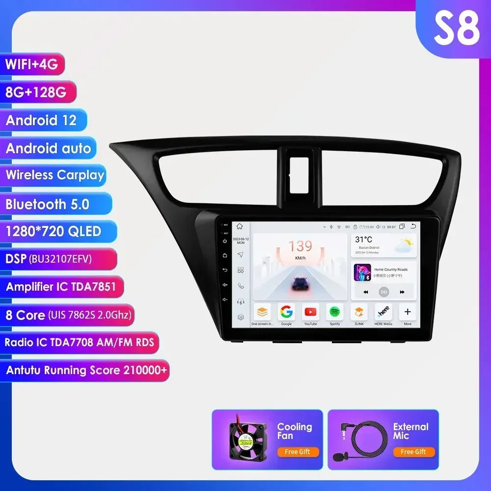 Honda Civic 9 FK FB 2012 - 2017 9" Android 14 Carplay Android auto wireless wifi bt gps 4g AUTMSGOW