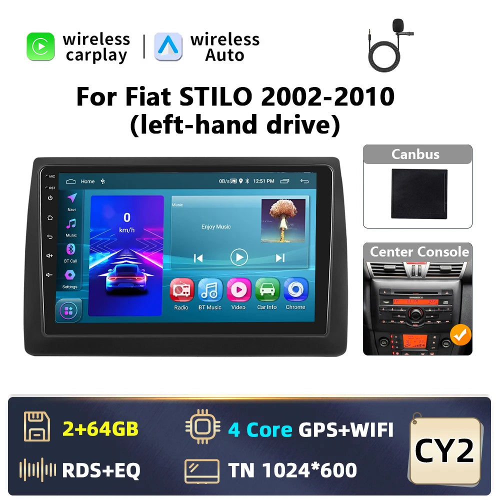 Fiat STILO 2002-2010  9" Android 14  Wireless CarPlay Android Auto GPS WiFi BT radio RDS AUTM7GJT