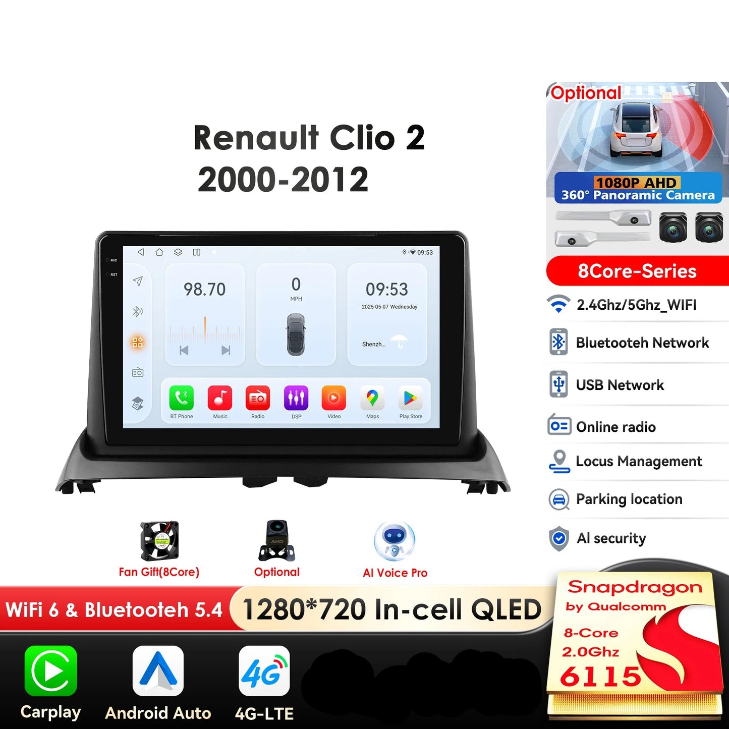 Renault Clio 2 2000 - 2012 9" / 10,33" Android 14 Carplay Android auto wireless wifi bt gps 4g  AUTM8236