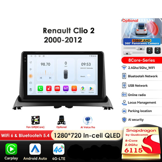 Renault Clio 2 2000 - 2012 9" / 10,33" Android 14 Carplay Android auto wireless wifi bt gps 4g  AUTM8236