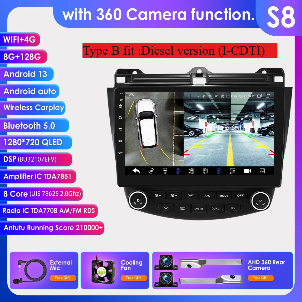 Honda Accord 7 2003 - 2007 9" Android 14 Carplay Android auto wireless wifi bt gps 4g AUTMDROH