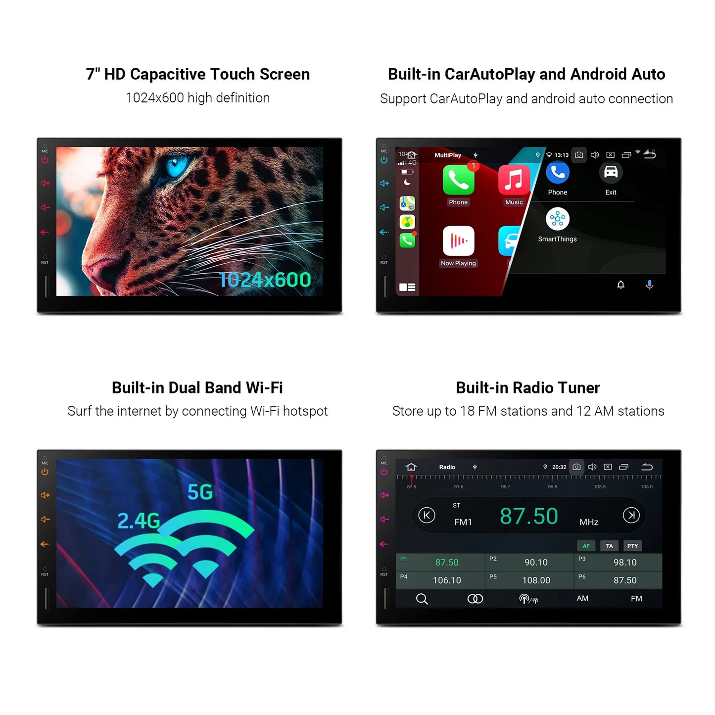 7" Universal 2 Din Car Radio Android 12 Qualcomm 6+128 Central Multimedia Player Built-in DSP AA 4G LTE Wireless Car Play  TIQ722L