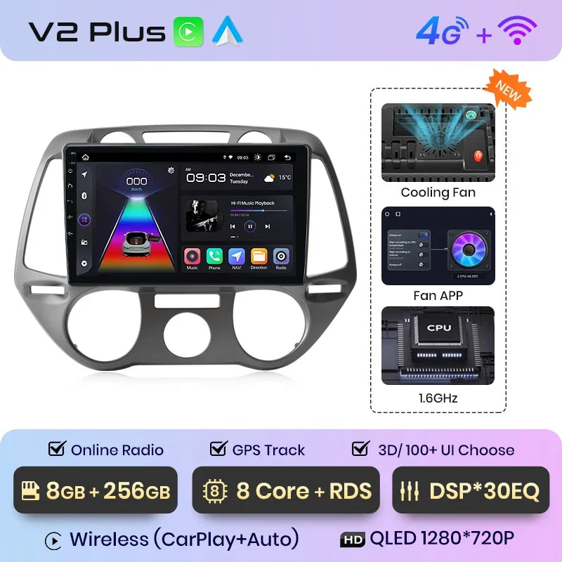 Hyundai i20 2008 - 2014  9" ANDROID 12 wireless CarPlay Android Auto GPS WIFI BT USB AUTMHYIAR