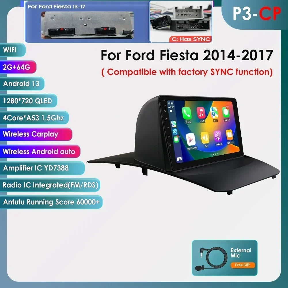 Ford Fiesta 2009-2017 9" Android 14 Carplay Android auto wireless wifi bt gps 4g  AUTMQZ61