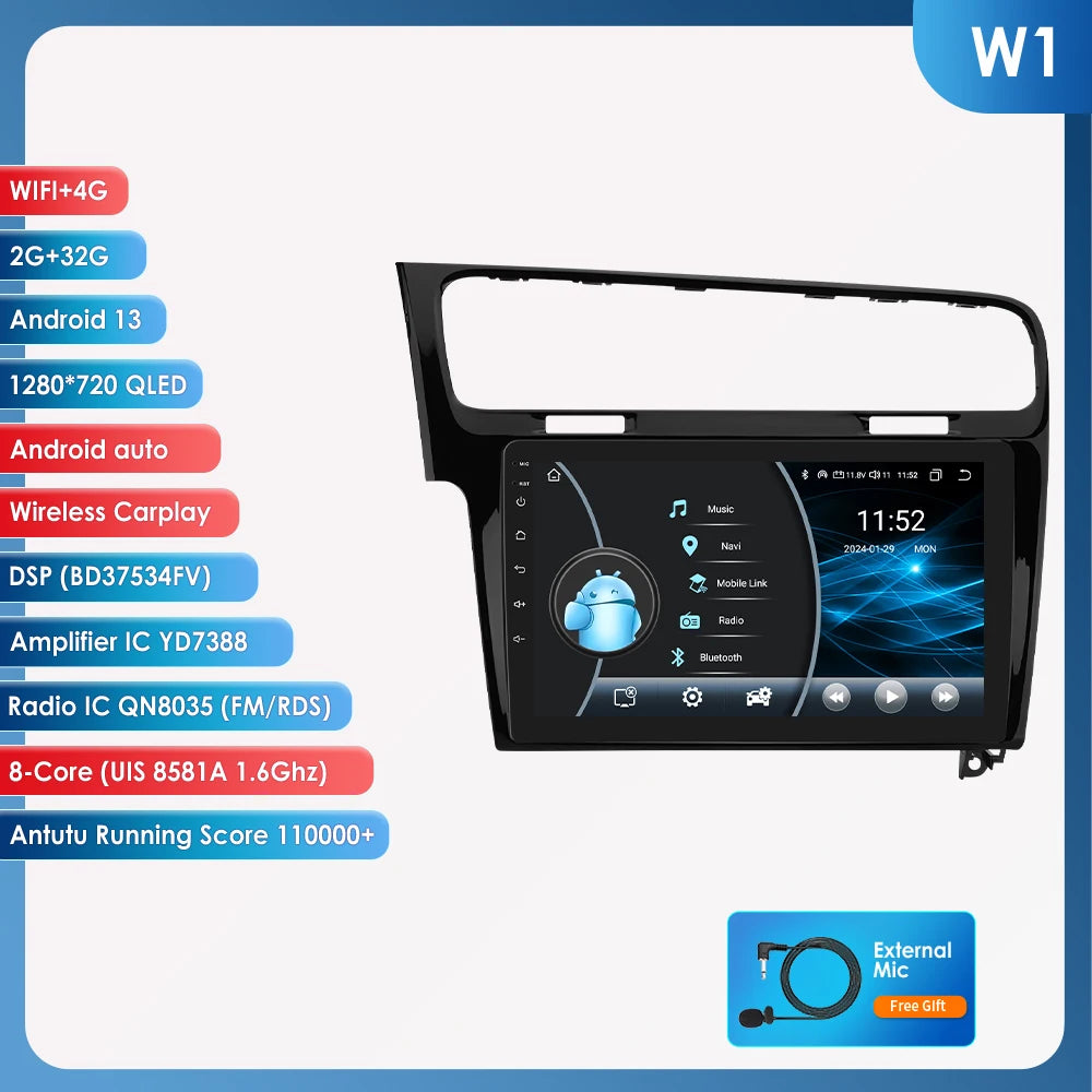 Volkswagen VW Golf 7 2013-2017 10,1"" Android 14 Carplay Android auto wireless wifi bt gps 4g  AUTMKDPF