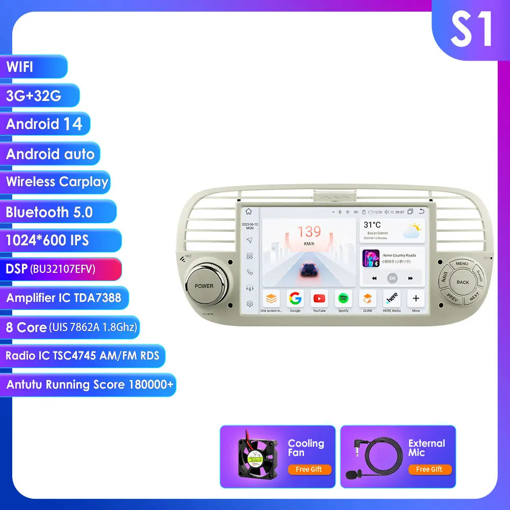 Fiat 500 2007 - 2015 7" Android 14 Carplay Android auto wireless wifi bt gps 4g  AUTM7QGL