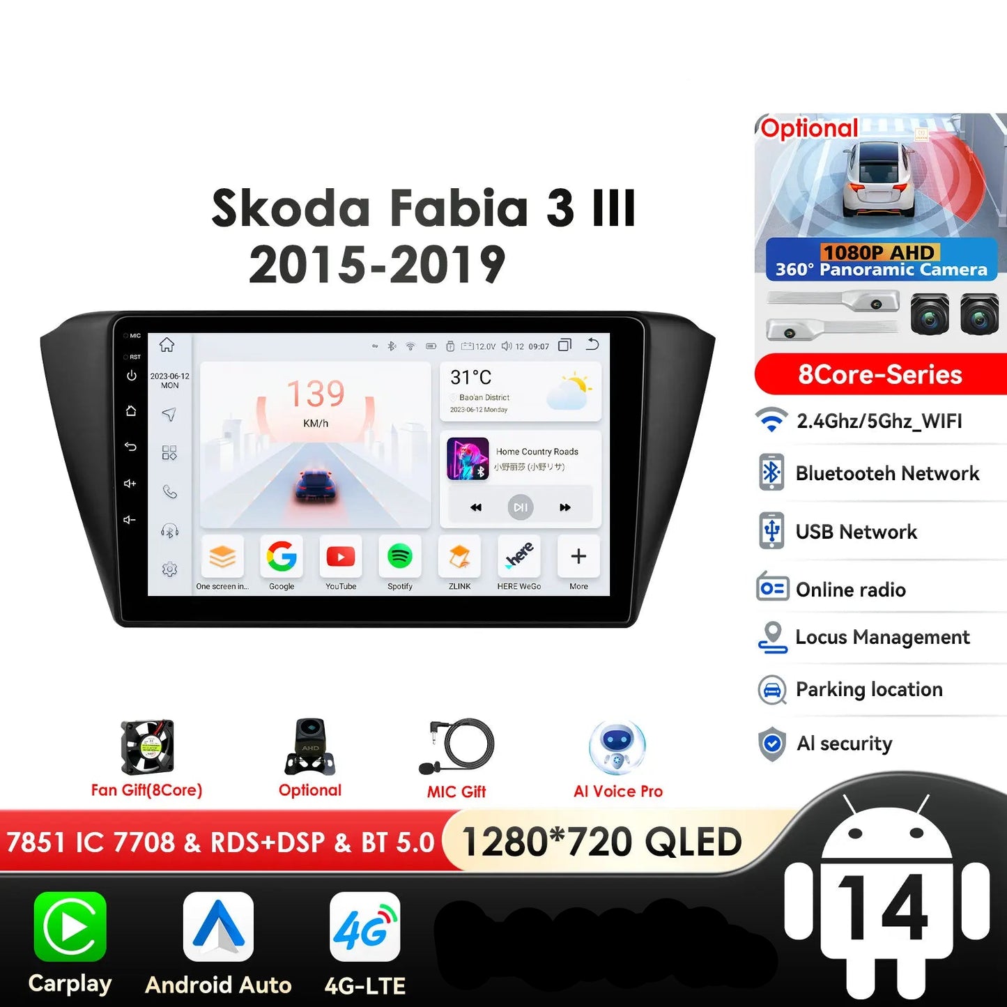 Skoda Fabia 3 III 2015-2019 9" / 10,33" Android 14 Carplay Android auto wireless wifi bt gps 4g AUTMREUR