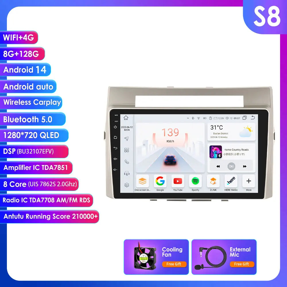 Toyota Corolla Verso AR10 2004-2009 9" Android 14 Carplay Android auto wireless wifi bt gps 4g AUTMLD56J