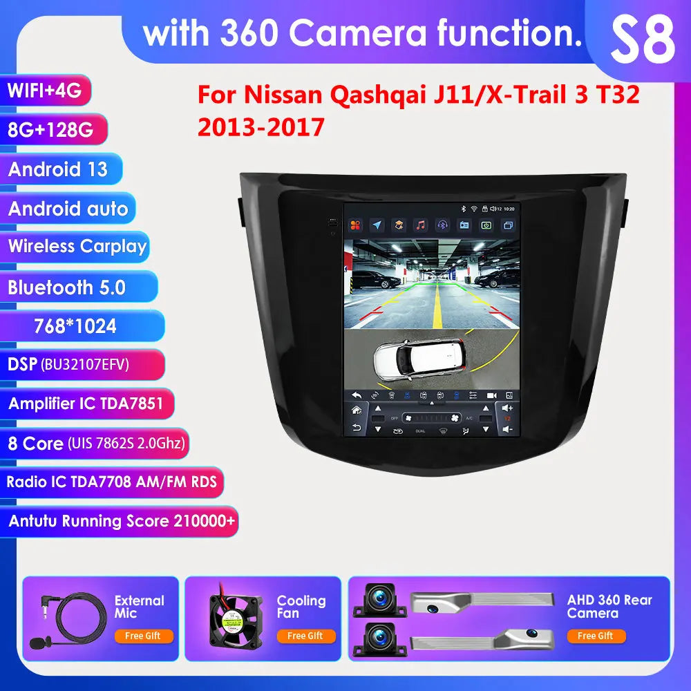 Nissan Qashqai J11 X-Trail 3 T32 2013-2017 9" Android 14 Carplay Android auto wireless wifi bt gps 4g  AUTM5DN7