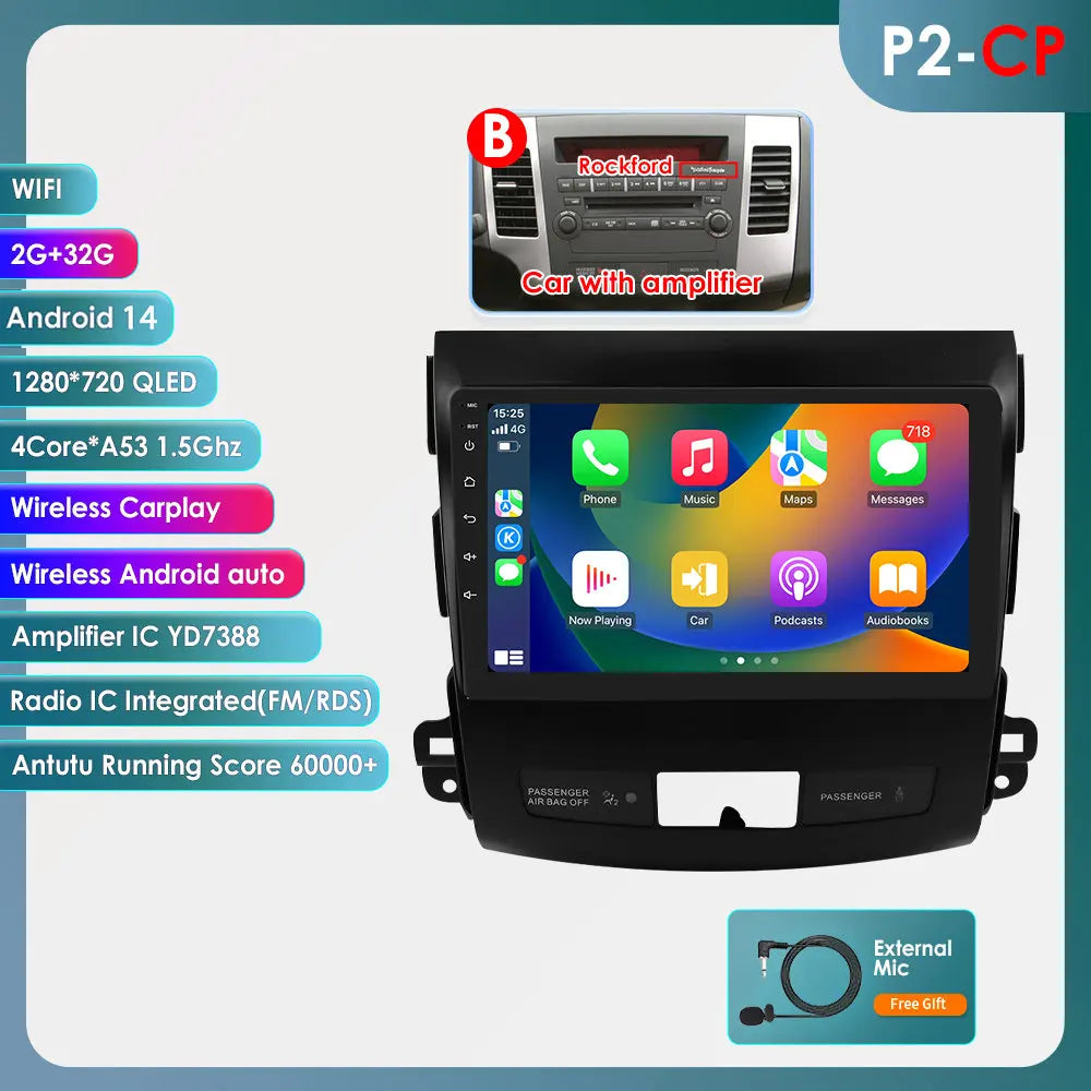 Peugeot 4007  Mitsubishi Outlander 2  Citroen C-Crosser 9" Android 14 Carplay Android auto wireless wifi bt gps 4g AUTMS5Y3