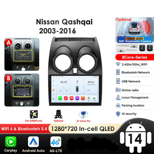 Nissan Qashqai J10 2006-2013 9" Android 14 Carplay Android auto wireless wifi bt gps 4g AUTM63FU