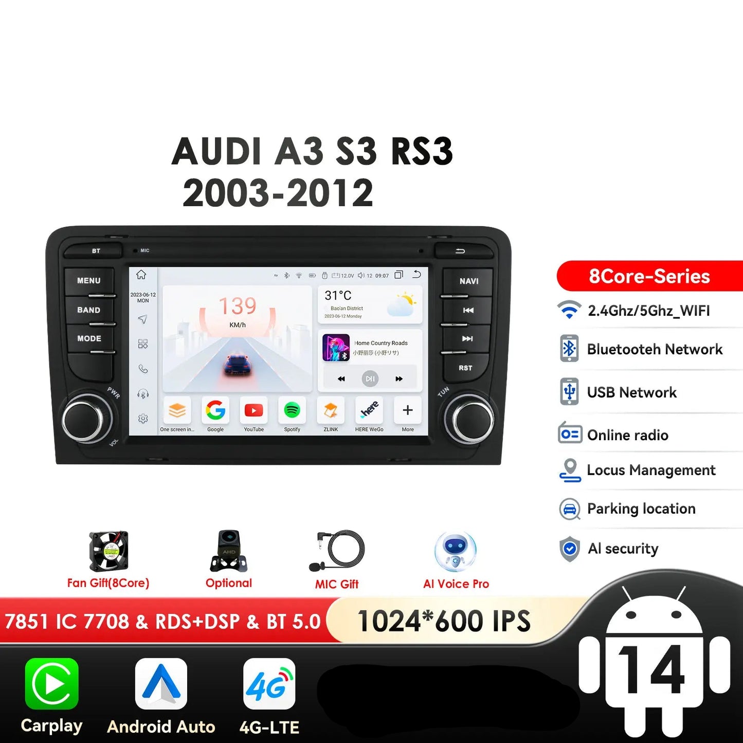 Audi  A3 8P S3 RS3 2003-2012 7" Android 14 Carplay Android auto wireless wifi bt gps 4g AUTM2YMV