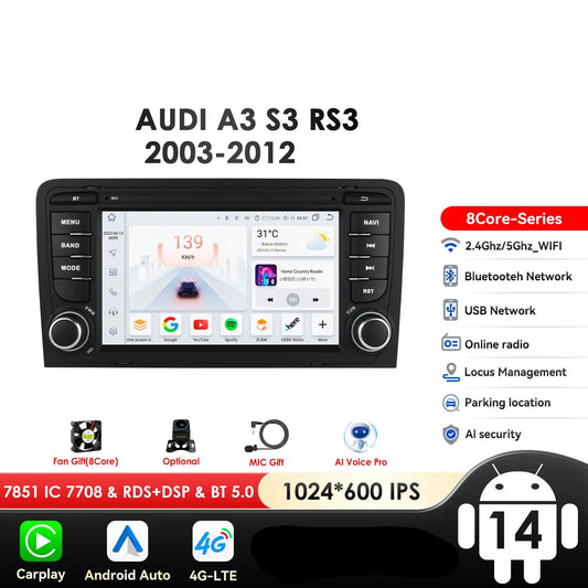 Audi  A3 8P S3 RS3 2003-2012 7" Android 14 Carplay Android auto wireless wifi bt gps 4g AUTM2YMV