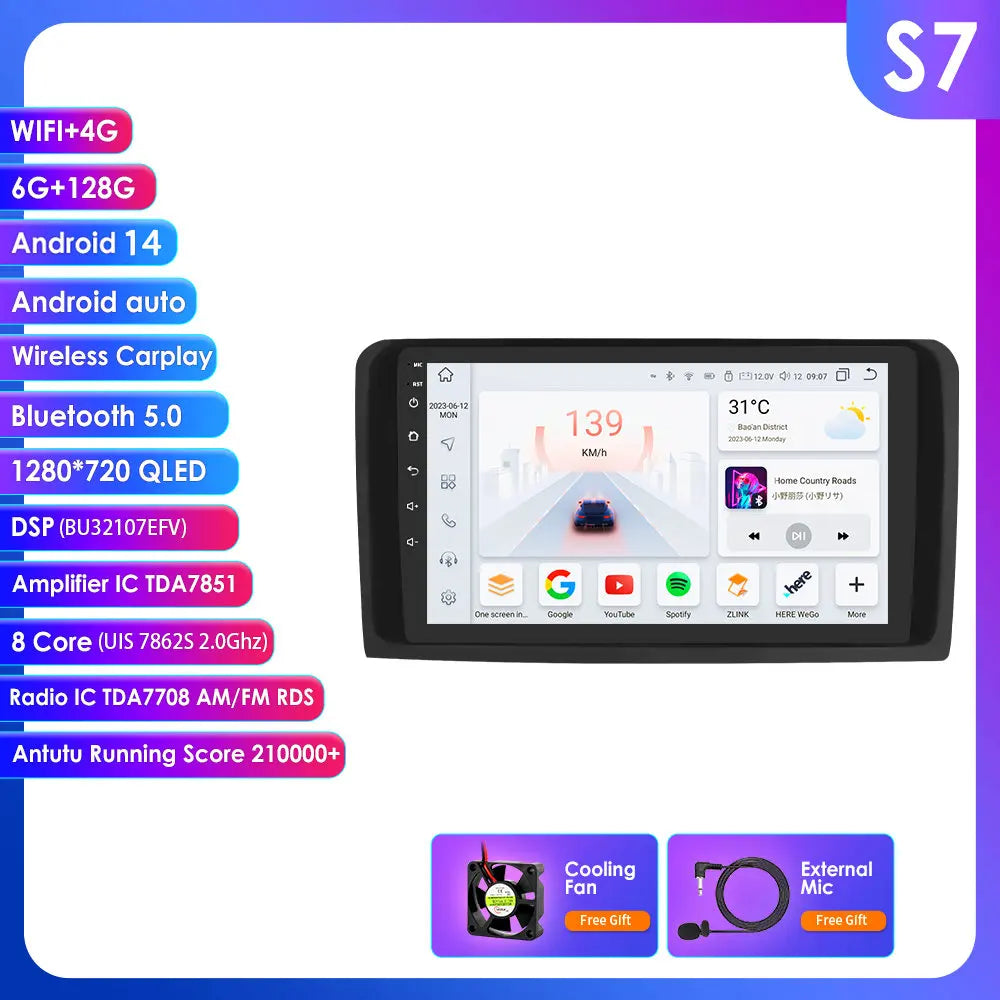 Mercedes ML W164 X164 ML350 ML300 GL500 ML320 ML280 GL350  9" Android 14 Carplay Android auto wireless wifi bt gps 4g AUTMMQVN