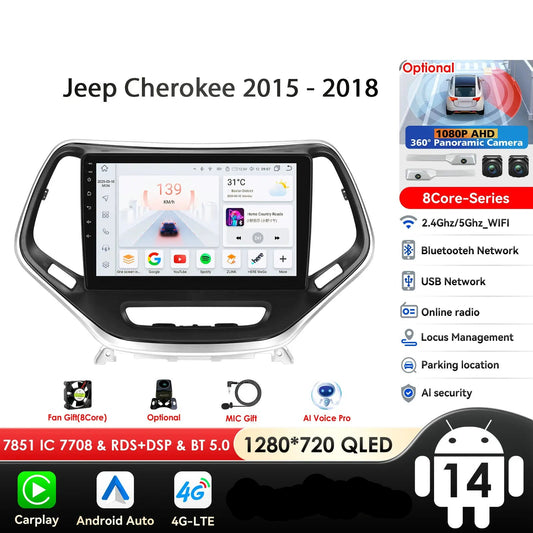 Jeep Cherokee 5 KL 2015 - 2018 9" / 10,33" Android 14 Carplay Android auto wireless wifi bt gps 4g AUTMHSWS