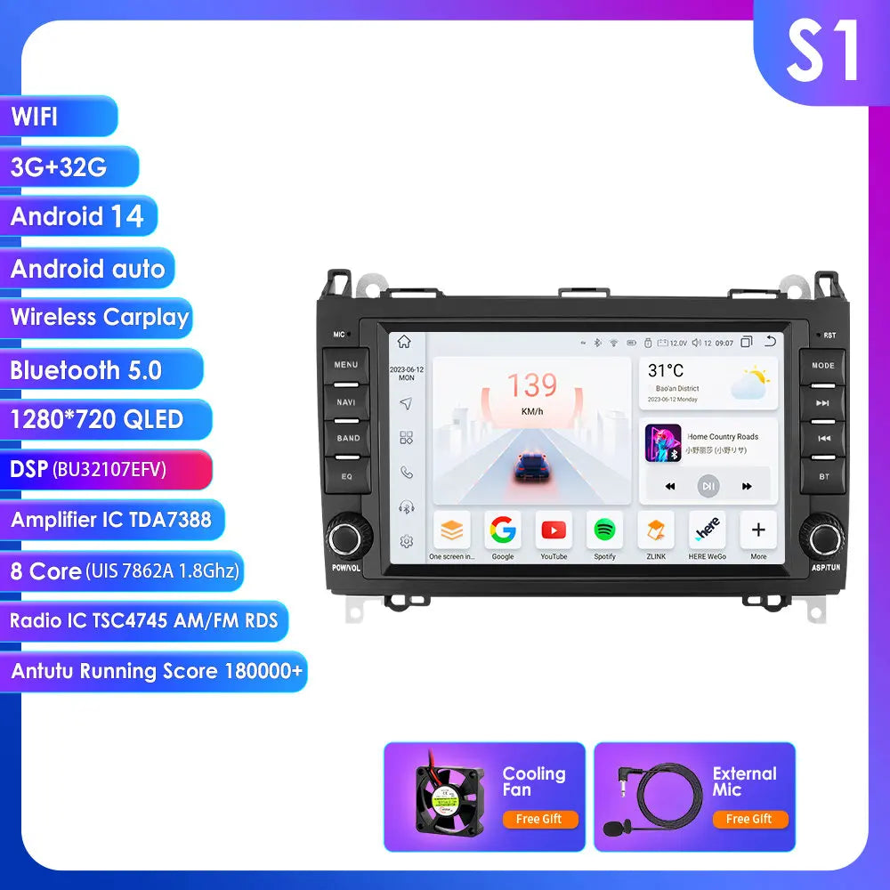 Mercedes Benz B200 Sprinter W906 W639 AB Class W169 W245 Viano Vito 7" Android 14 Carplay Android auto wireless wifi bt gps 4g  AUTM24A2g