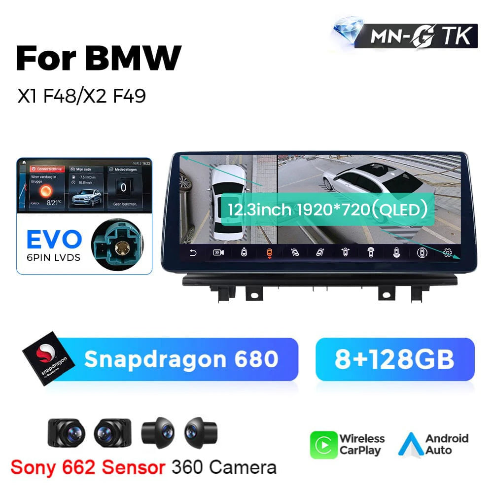 BMW X1 X2 F48 F49 F39 2016-2020 NBT EVO 10,25"  Qualcomm 668/680 Wireless CarPlay Android Auto  Multimedia   HD 1920*720 QLED Dual BT 4G LTE Supporta 360 Camera AHD WIFI  AUTM5B86