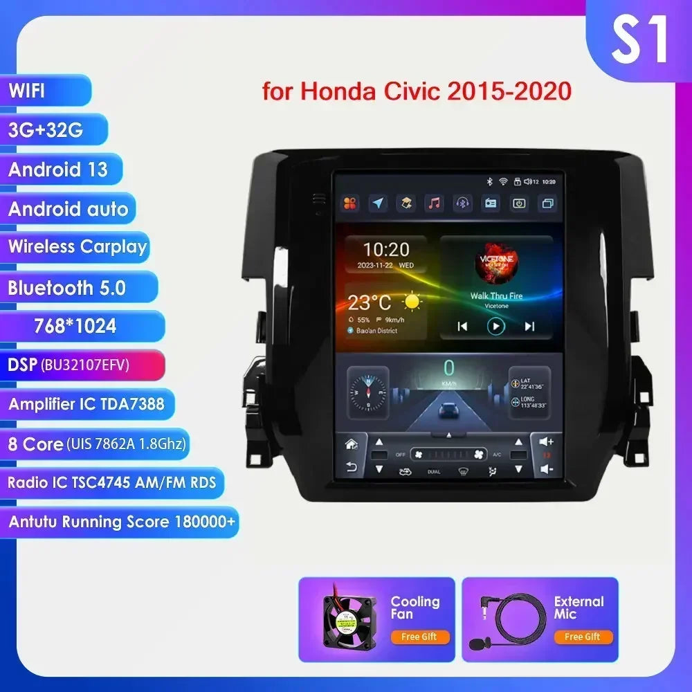 Honda Civic 2015-2020 9.7" Android 14 Carplay Android auto wireless wifi bt gps 4g AUTMCVCH3