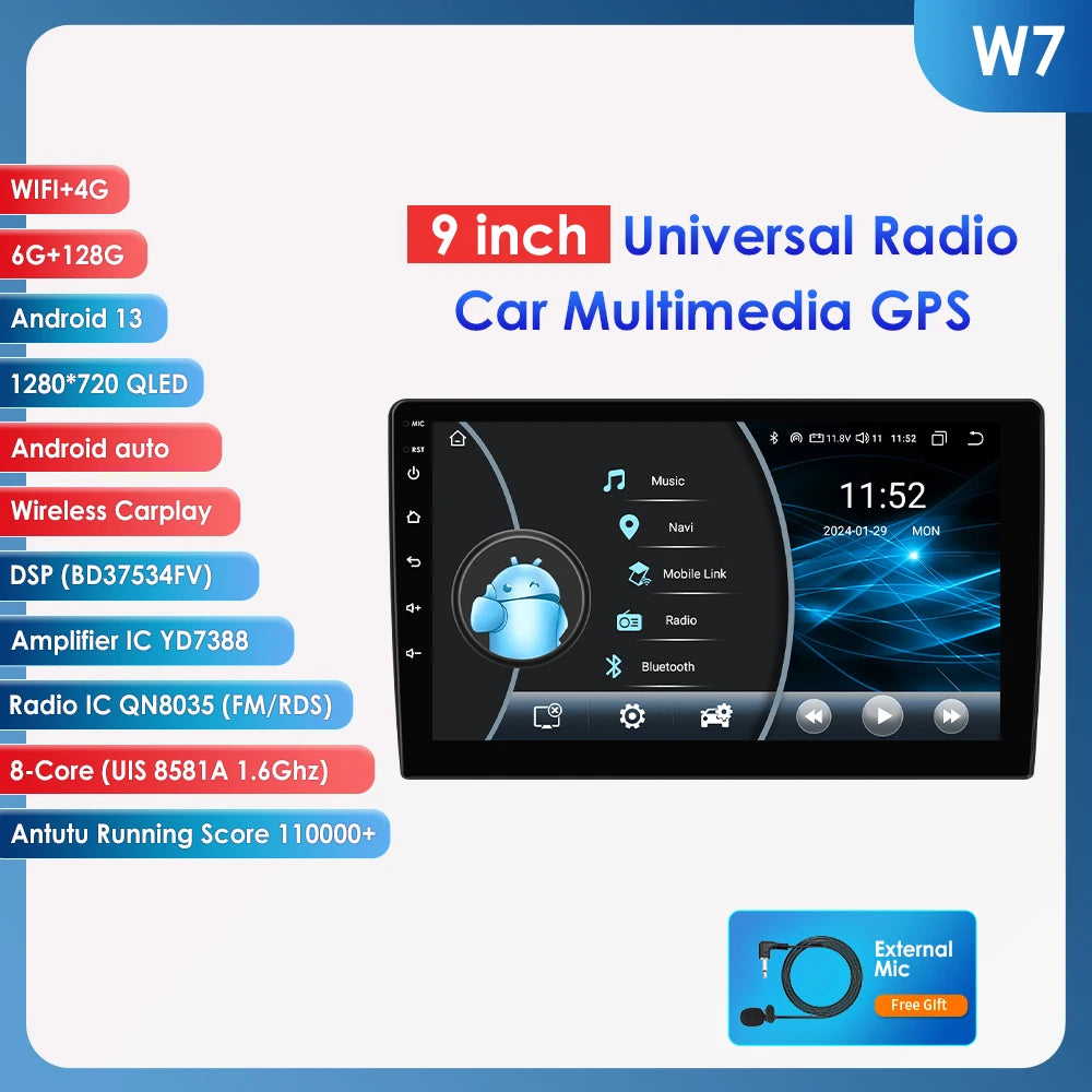 9-inch Universal Android Car Radio Headunit Intelligent System 4G WiFI BT Auto CarPlay GPS Navigation UI7862