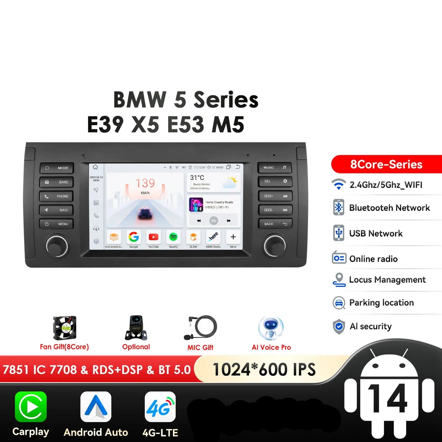 BMW 5 Series E39 X5 E53 M5 1996-2003 9" Android 14 Carplay Android auto wireless wifi bt gps 4g AUTMK1HA