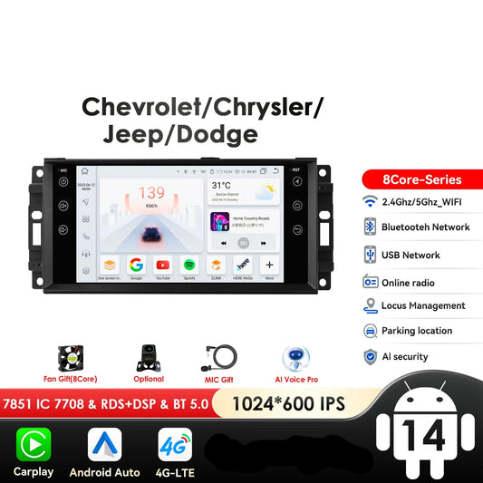 Jeep Wrangler Dodge Chrysler Journey Challenger Dakota Durang Avenger Ram 7" Android 14 Carplay Android auto wireless wifi bt gps 4g AUTMXLPF