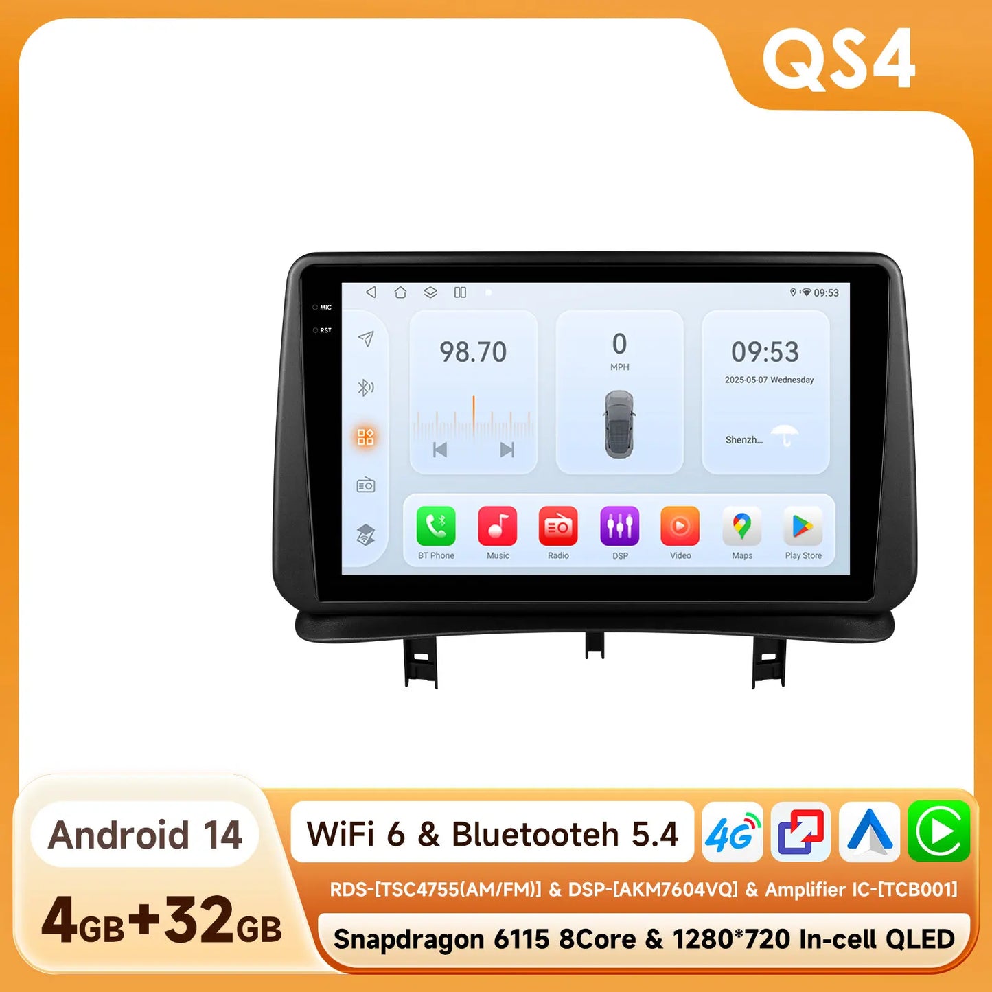 Renault CLIO 3 2005-2014 9" Android 14 Carplay Android auto wireless wifi bt gps 4g  AUTMZ8RB