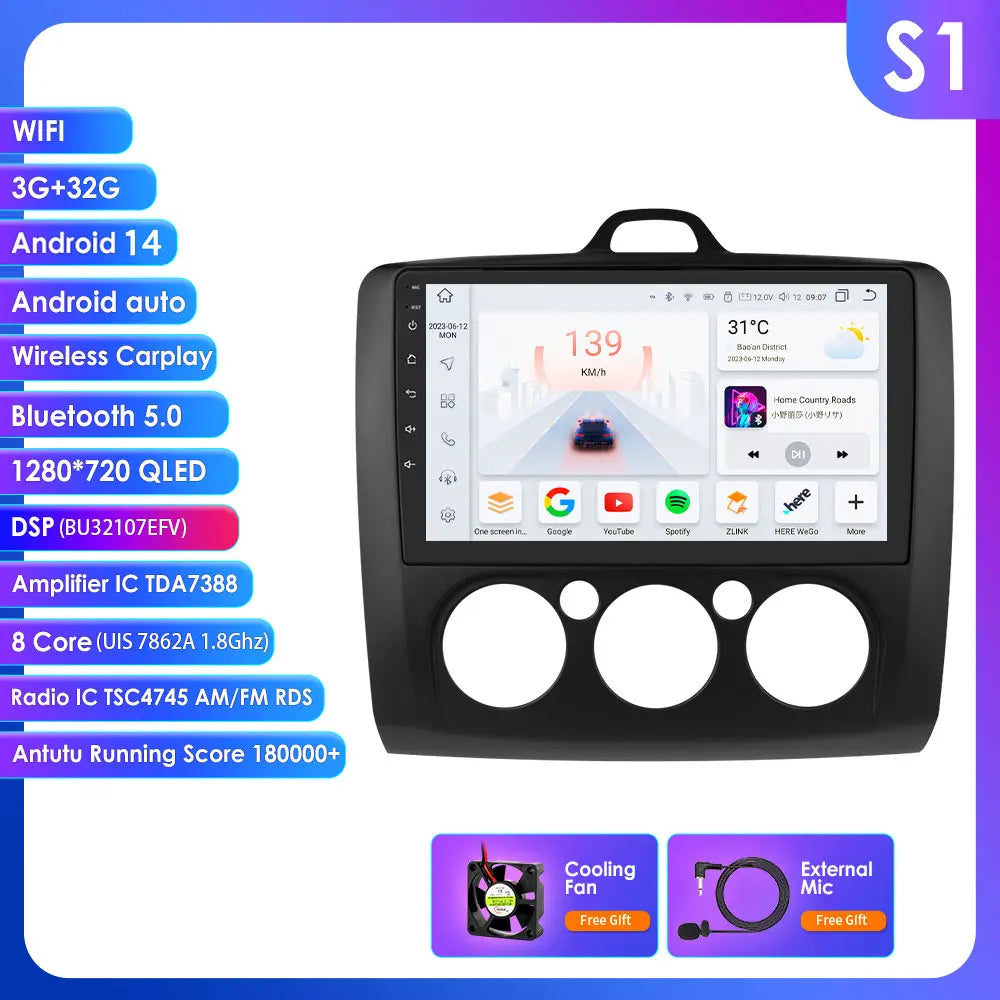 Ford Focus 2 3 Mk2 Mk3 2004-2011 9" Android 14 Carplay Android auto wireless wifi bt gps 4g  AUTMG5XX