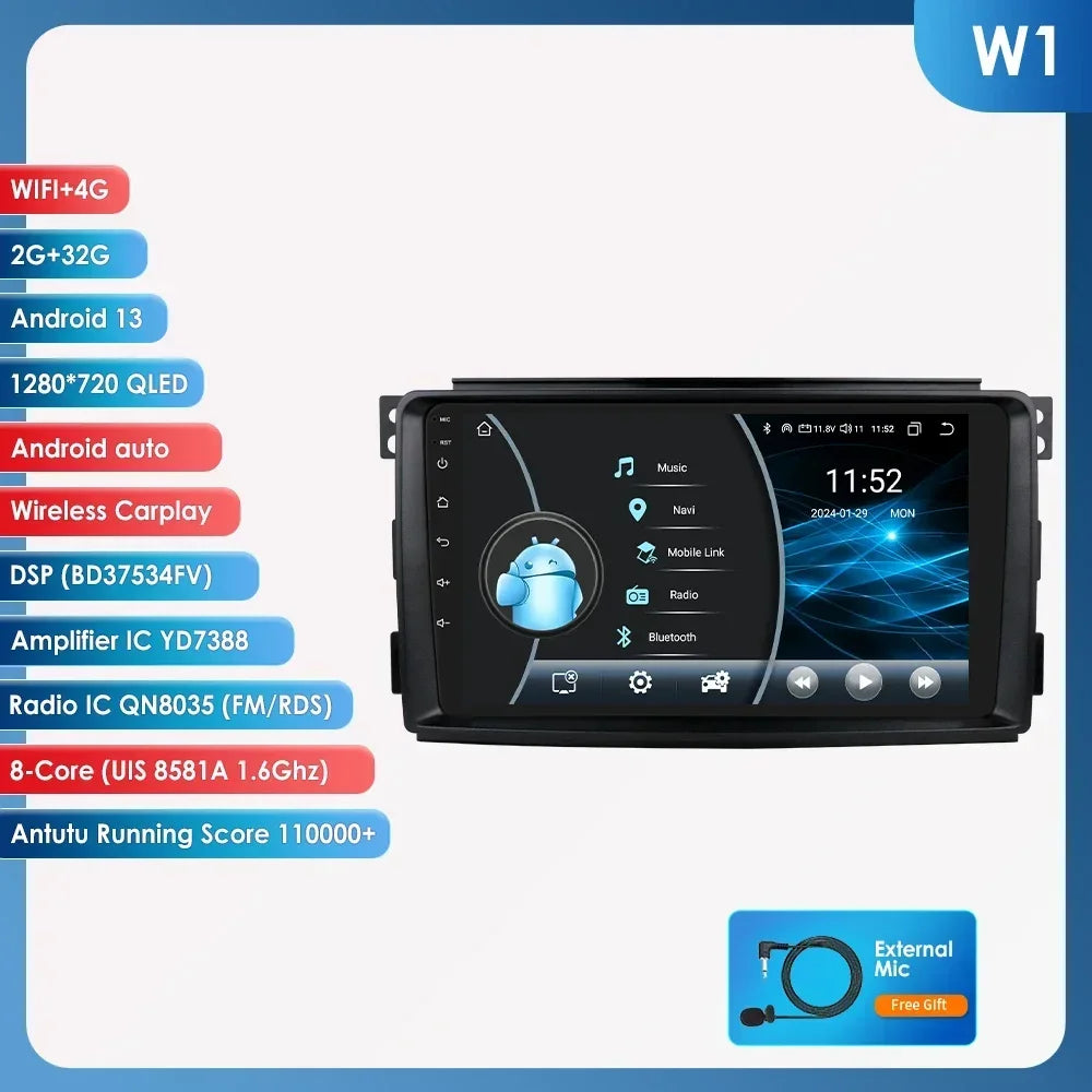 Smart Fortwo 2006-2010 9" Android 14 Carplay Android auto wireless wifi bt gps 4g AUTMB3CC