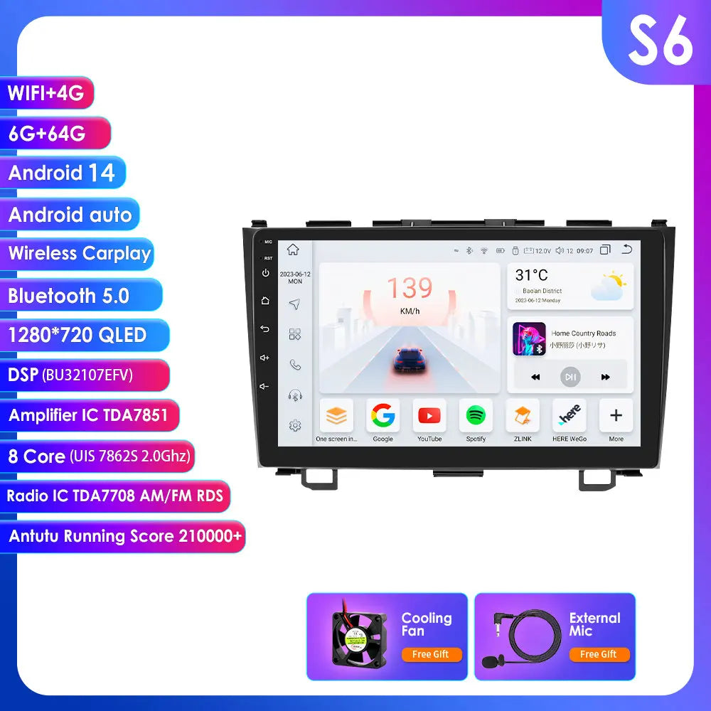 Honda CRV CR-V 2007-2011 9" Android 14 Carplay Android auto wireless wifi bt gps 4g AUTML773G