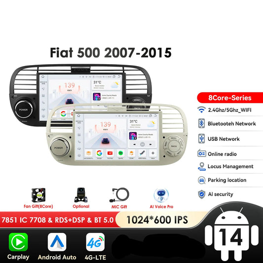 Fiat 500 2007 - 2015 7" Android 14 Carplay Android auto wireless wifi bt gps 4g  AUTM7QGL