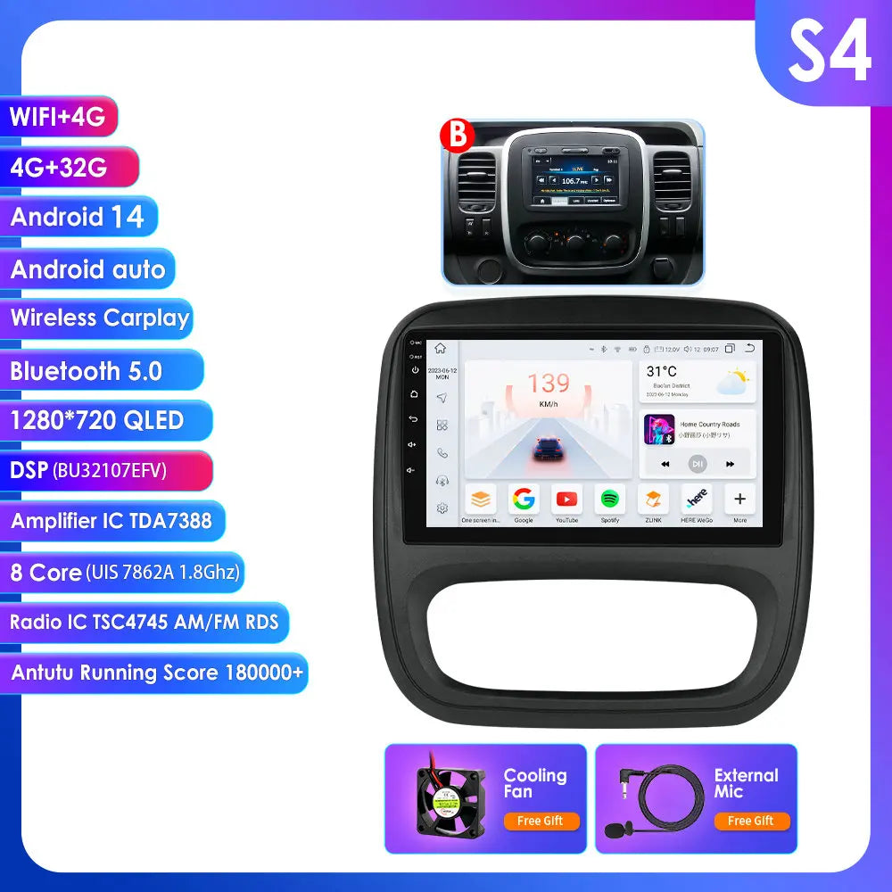 Renault Trafic 3 / Opel Vivaro B 2014-2021 9" 10.33''  9" Android 14 Carplay Android auto wireless wifi bt gps 4g AUTMUYH9