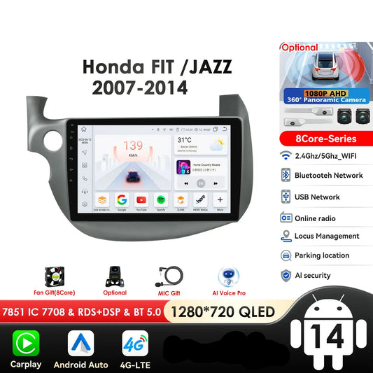 HONDA FIT JAZZ 2007-2013 9" Android 14 Carplay Android auto wireless wifi bt gps 4g  AUTMJZFHD